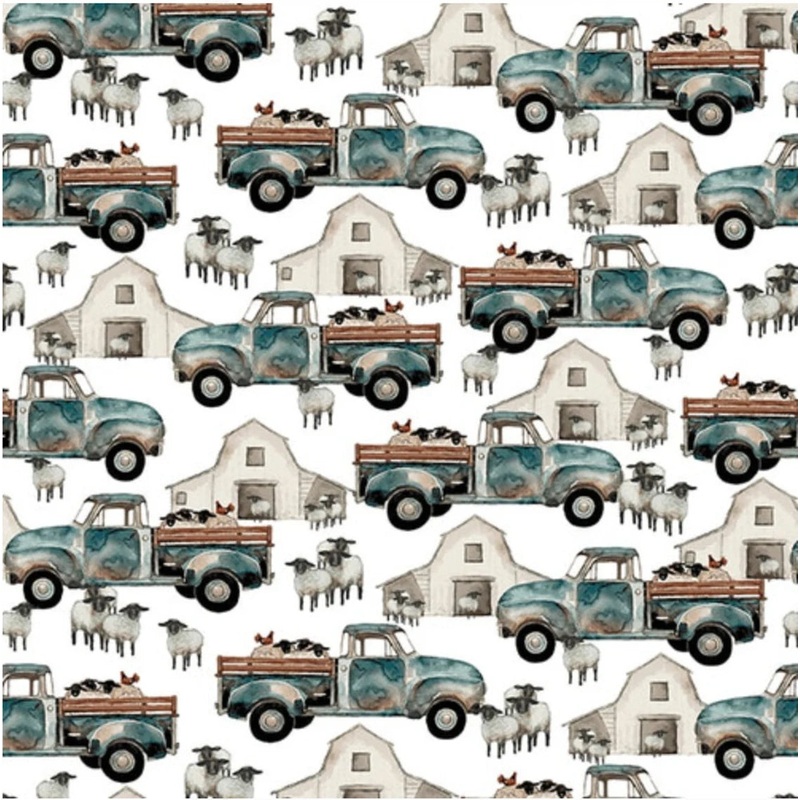 A Beautiful Day Trucks and Barns Allover Multi Dawn Rosengren Henry Glass Cotton Fabric
