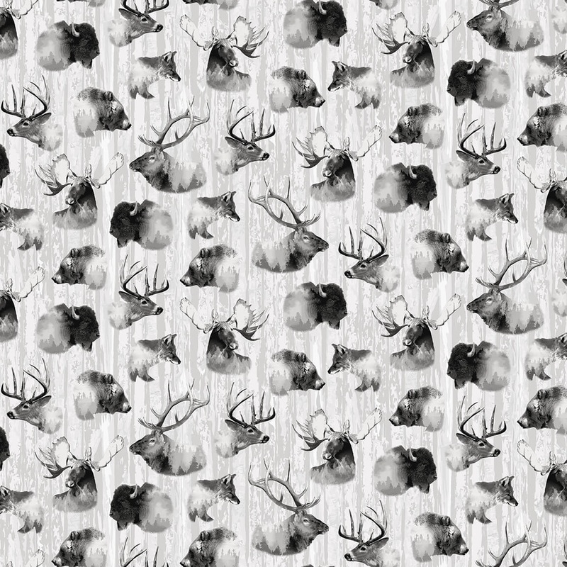 Woodland Whispers Animal Heads Gray Jan Shade Beach Henry Glass Cotton Fabric