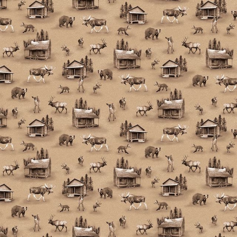Woodland Whispers Cabins and Animals Light Brown Jan Shade Beach Henry Glass Cotton Fabric
