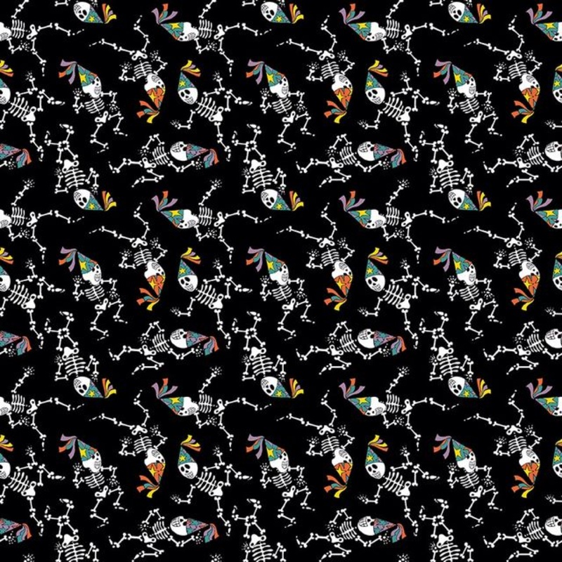 Witch Night Out Dancing Skeletons Black Glow in the Dark Delphine Cubitt Henry Glass Cotton Fabric