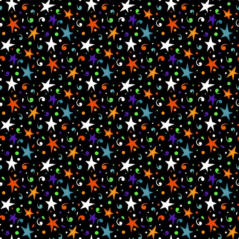 Witch Night Out Tossed Multicolored Stars Black Multi Glow Delphine Cubitt Henry Glass Cotton Fabric