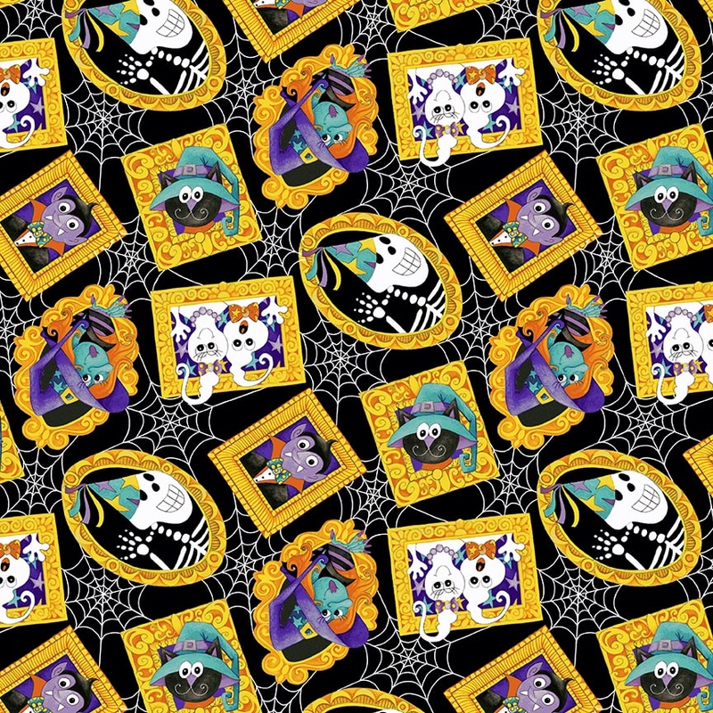 Witch Night Out Tossed Picture Frames Black Multi Glow in the Dark Delphine Cubitt Henry Glass Cotton Fabric