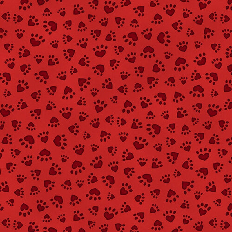 All You Need is Love and a Cat Paw Prints Red Beth Logan of ArtStuff Henry Glass Cotton Fabric