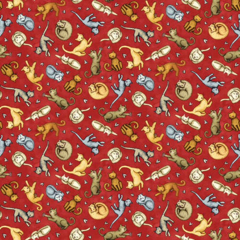 All You Need is Love and a Cat Tossed Cats Red Beth Logan ArtStuff Henry Glass Cotton Fabric