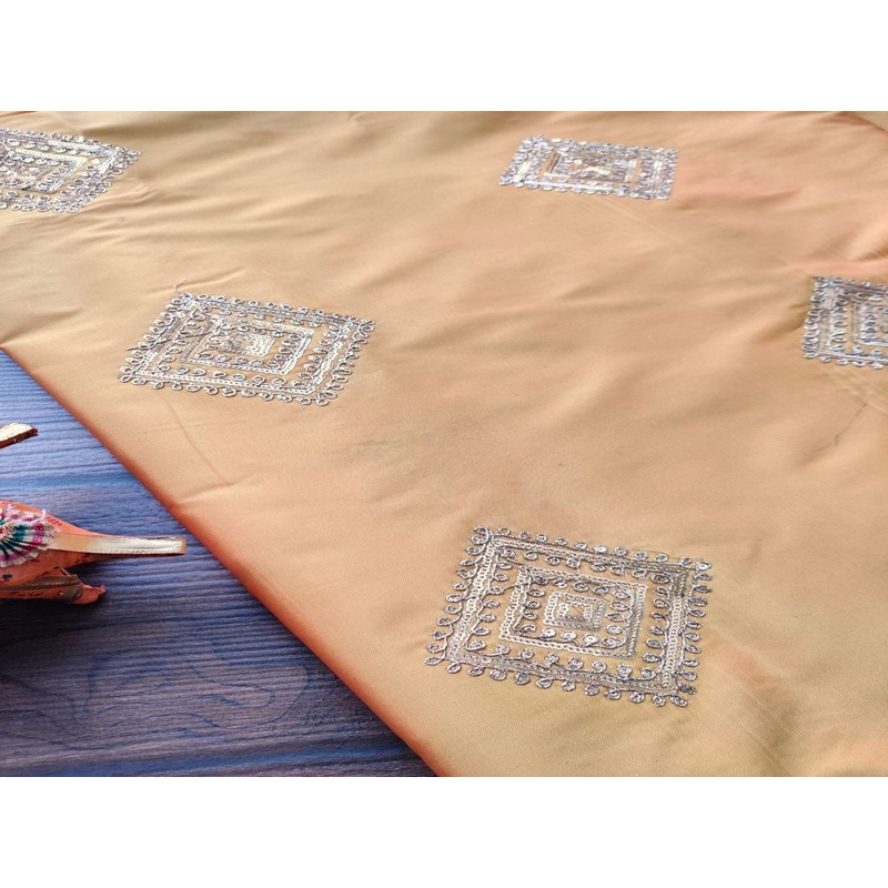 Yellow Floral Dori Work Embroidered Taffeta Silk Fabric