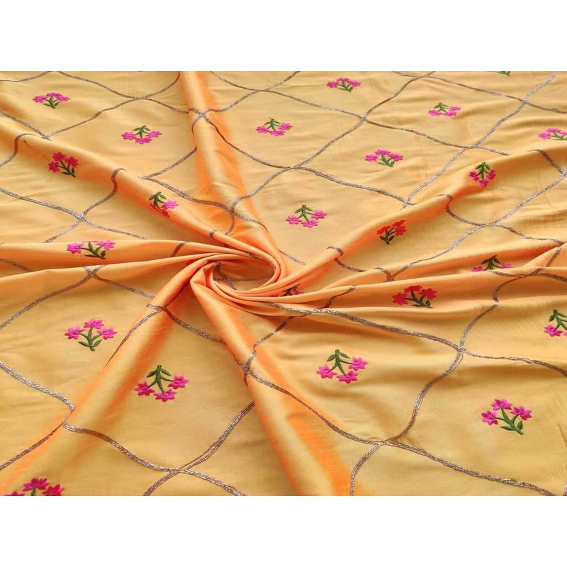 Yellow Floral Geometric Embroidered Zorba Silk Fabric