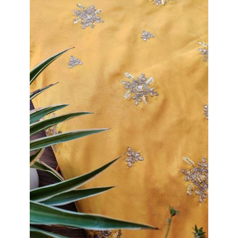 Yellow Taffeta Silk With Golden Floral Sequins And Dori Work