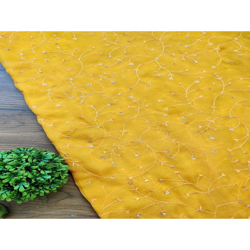 Yellow Floral Embroidered Organza Silk Fabric