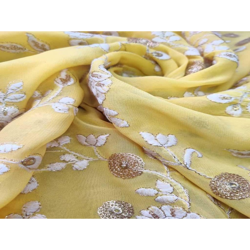 Yellow Flowers Zari and Thread Embroidered Pure Georgette Fabric