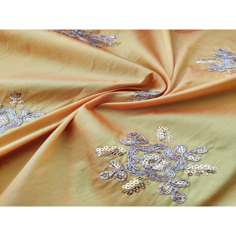 Yellow Golden Floral Embroidered Taffeta Silk Fabric