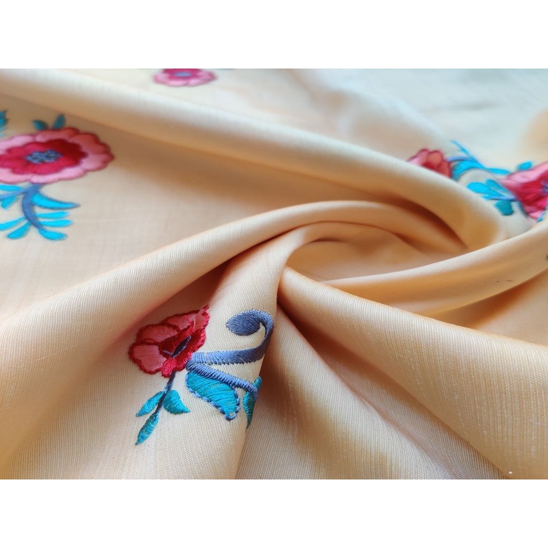 Yellow Multicolour Flowers Embroidered Zorba Silk Fabric