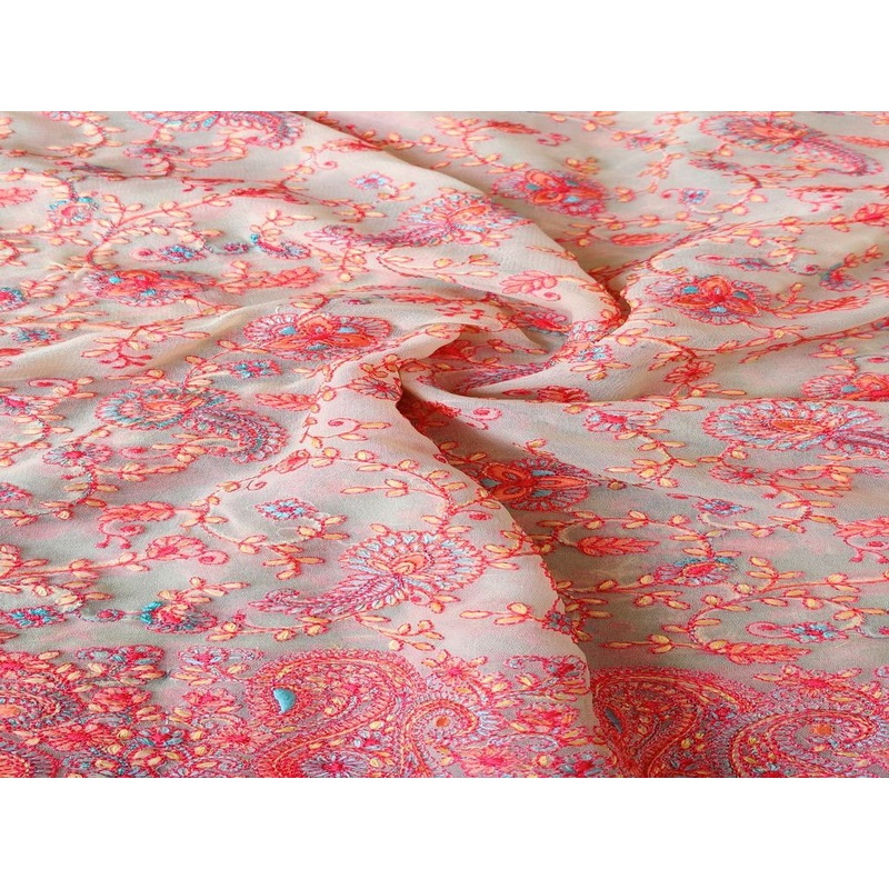 Yellow Multicolour Paisleys Kashmiri Embroidered Georgette Fabric