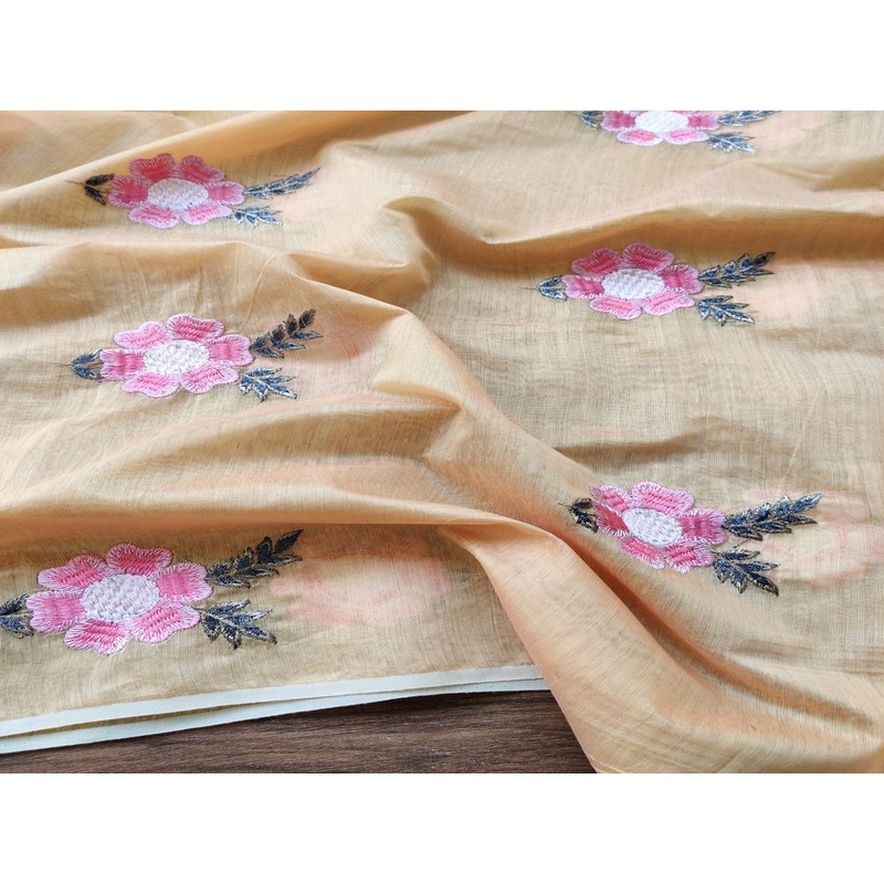 Yellow Pink Embroidered Floral Motifs Embroidered Chanderi Fabric