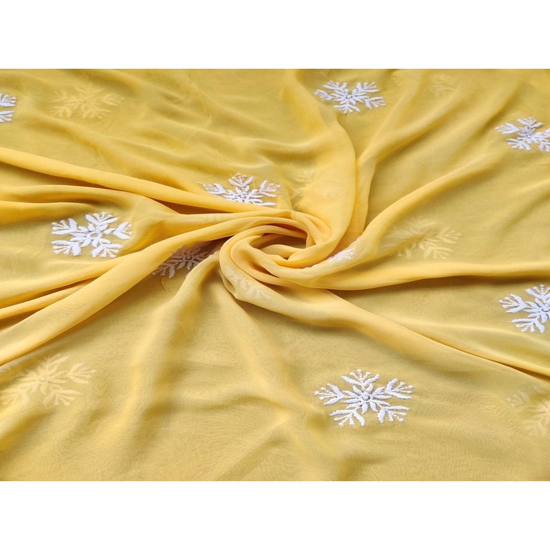 Yellow White Floral Motifs Embroidered Georgette Fabric