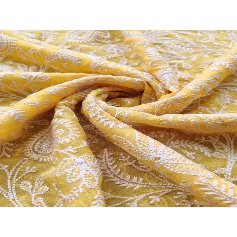 Yellow White Paisleys Lakhnawi Embroidered Pure Georgette Fabric