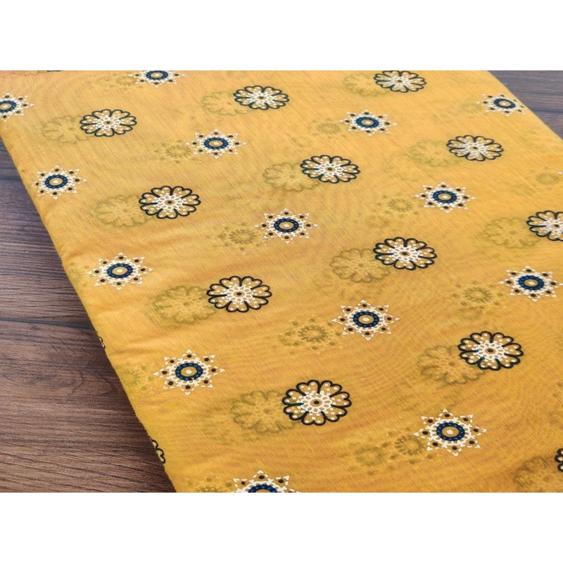 Yellow Black Flowers Printed Chanderi Fabric