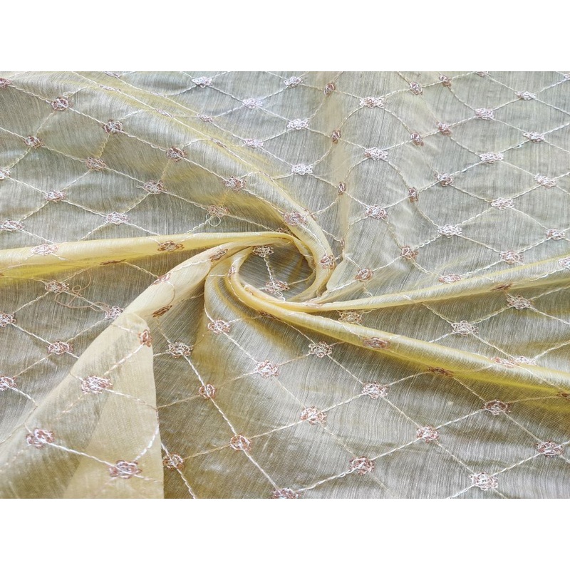 Yellow Floral Geometric Embroidered Chanderi Fabric
