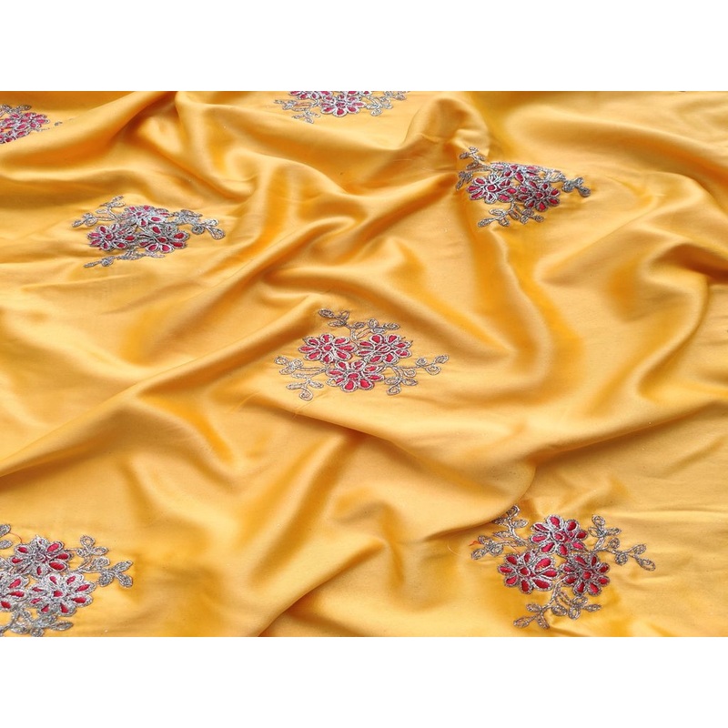 Yellow Red Flowers Embroidered Satin Fabric
