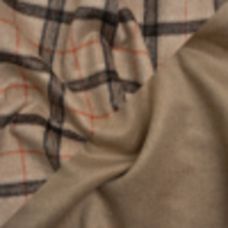 Beige, Red Orange and Black Plaid Brushed Wool Blend Double Cloth Coating