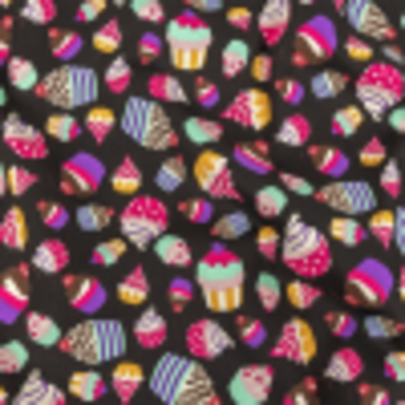 Black and Pink Cupcakes Printed Stretch Cotton Denim