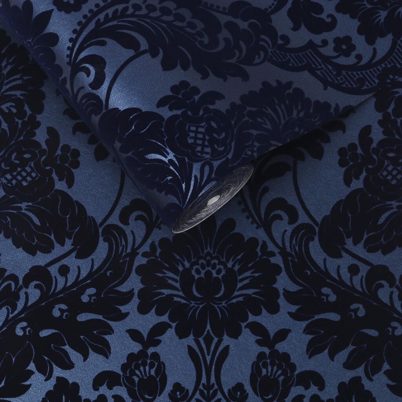 Gothic Damask Flock Wallpaper - Cobalt