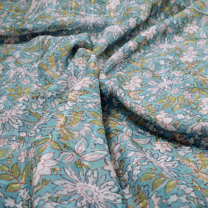 Beautiful Green and White Floral Digital Printed Linen Fabric