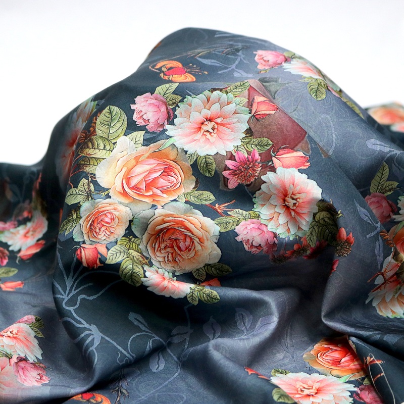 Blue Flower Digital Printed Kora Silk Fabric