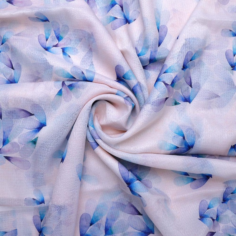 Blue Leaves Laying Over White Digital Printed Kota Doria Fabric