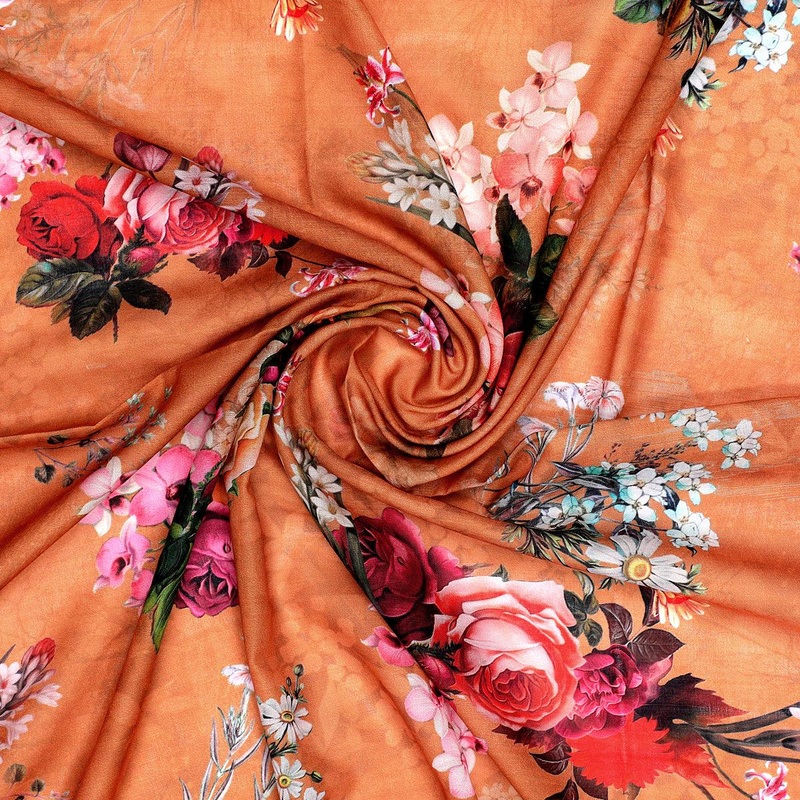 Yellow Flower Digital Printed Kora Silk Fabric