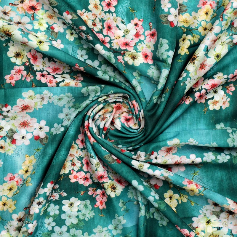 Beautiful Green Floral Digital Printed Kora Silk Fabric