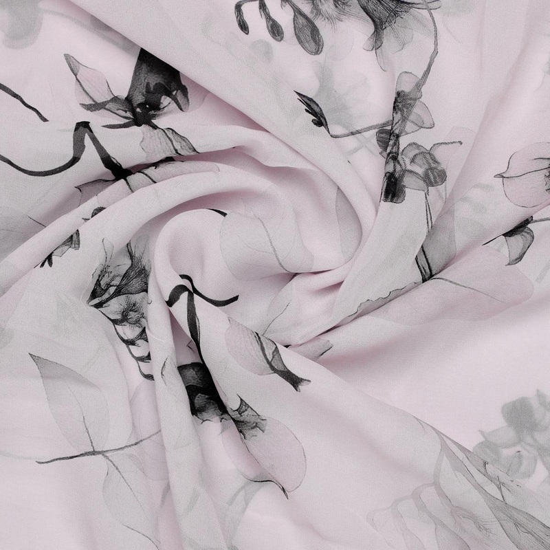 Black Floating Flowers Digital Printed Fabric - Pure Georgette