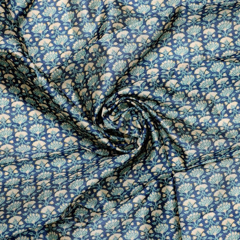Blue Floral Ajrak Digital Printed Fabrics