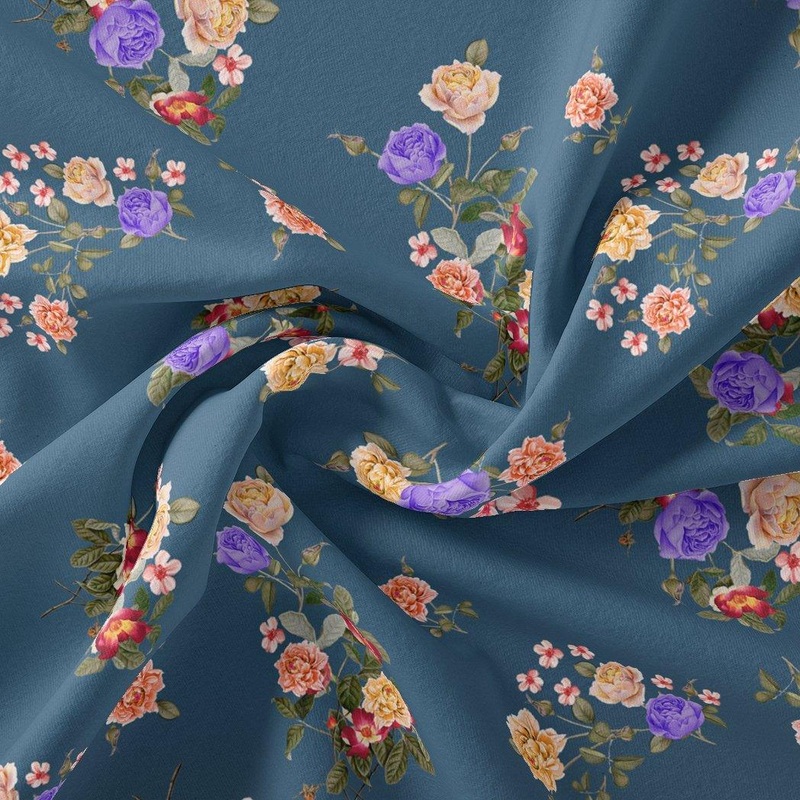 Colourful Flower Bunch Digital Printed Fabric - Muslin