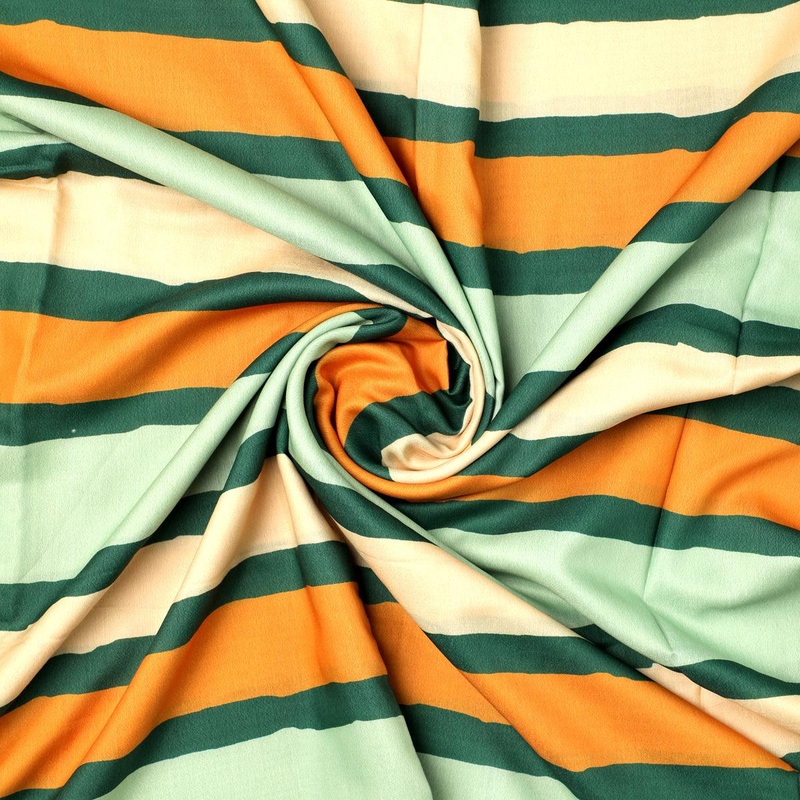 Yellow Green Stripes Digital Printed Fabric - Muslin
