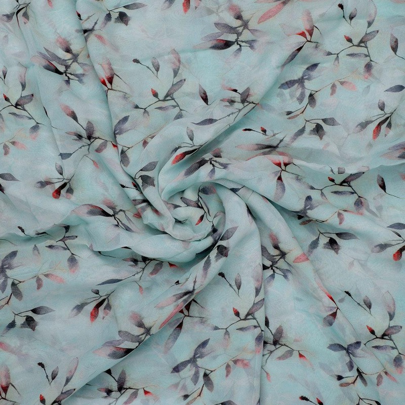 Bluish Thin And Light Leaves Digital Printed Fabric - Pure Georgette