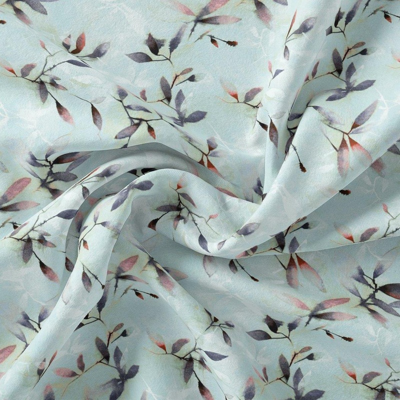 Bluish Thin And Light Leaves Digital Printed Fabric - Weightless