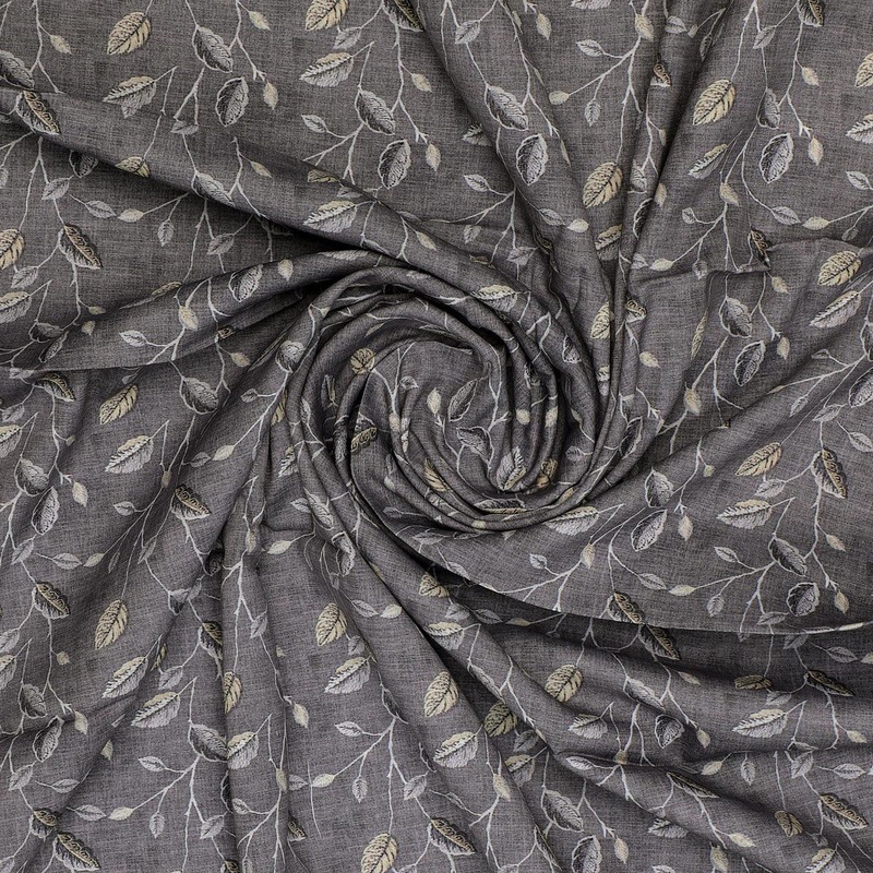 Brown Leaves With Stalk Digital Printed Fabric - Kora Silk