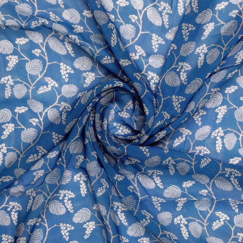 White Jasud Flower With Stalk Digital Printed Fabric - Pure Georgette