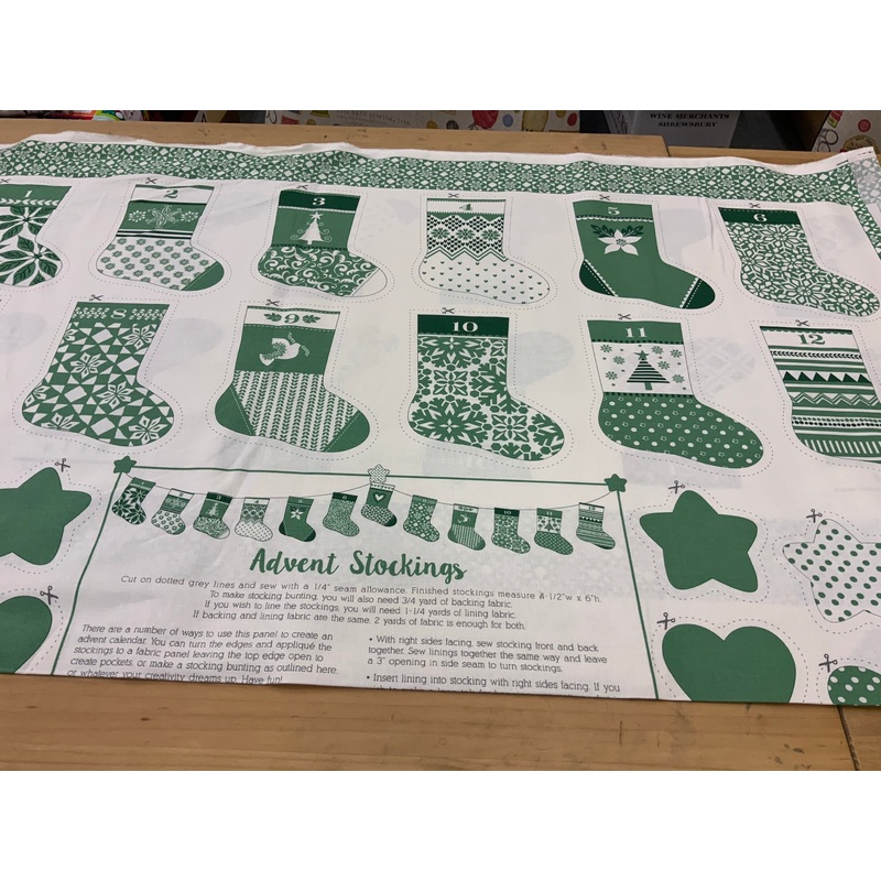 XP034 Green advent Stocking Bonding Christmas Panel Kate Spain for Moda